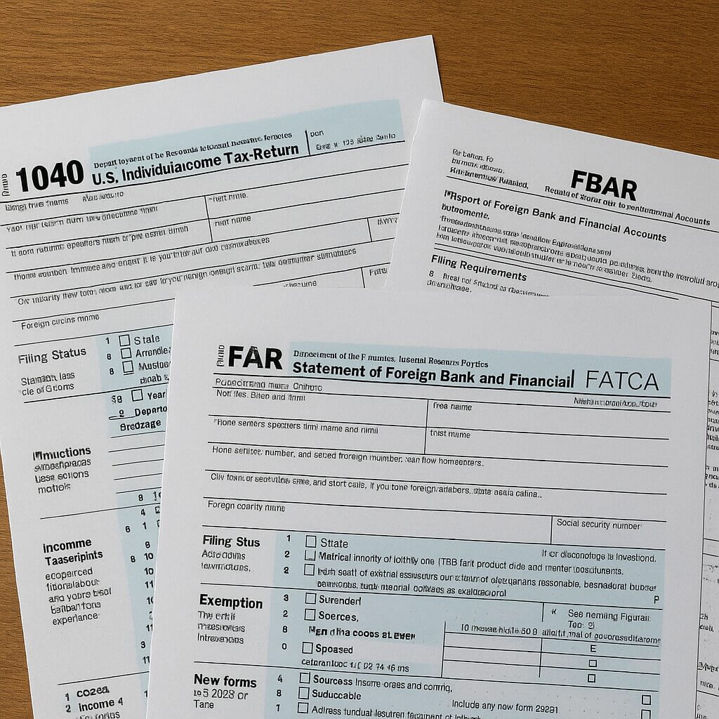 Various U.S. tax forms (1040, FBAR, FATCA) for an expat
